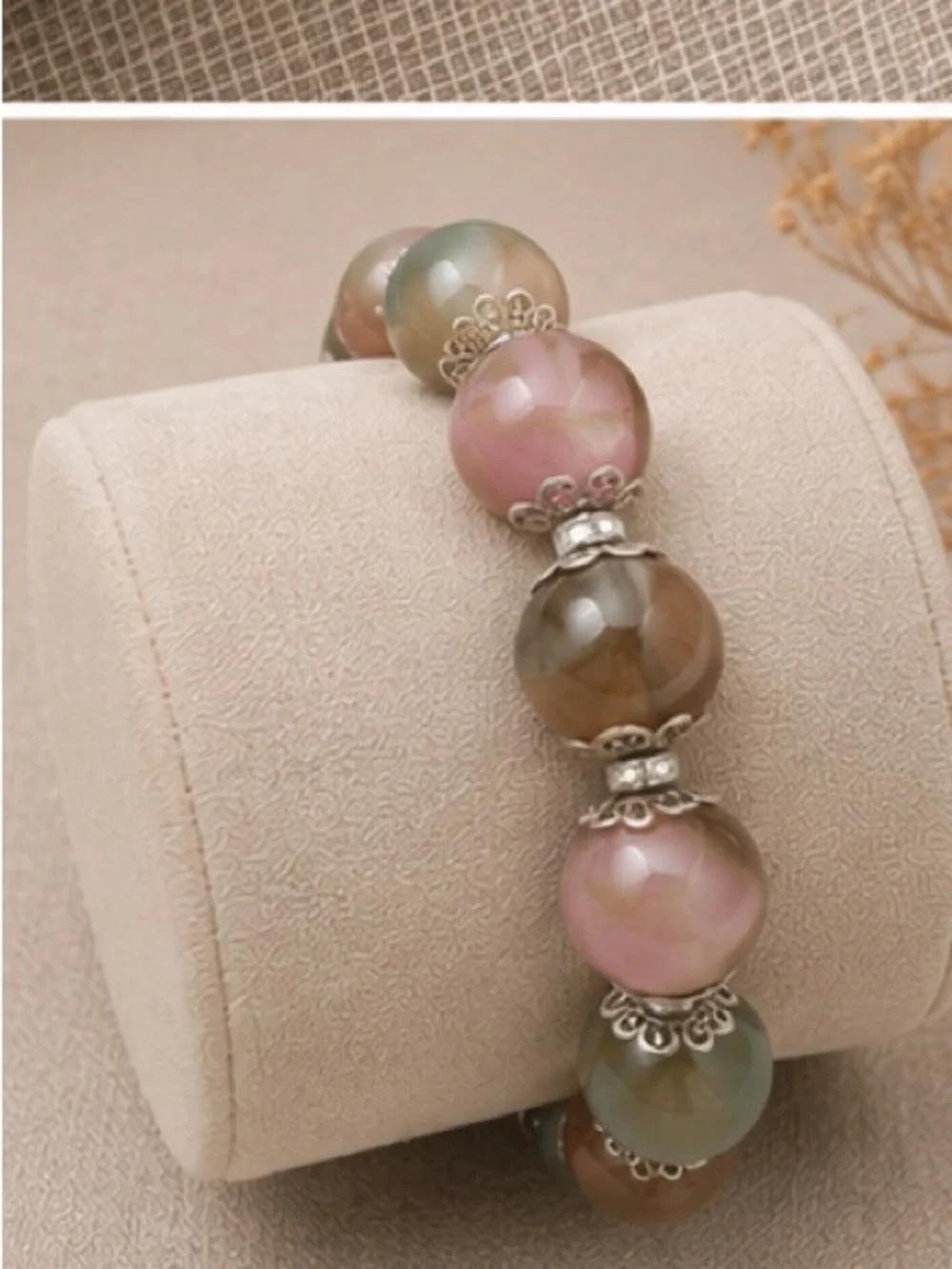 Multicolor Beaded Stretch Bracelet - Pink, Green & Brown